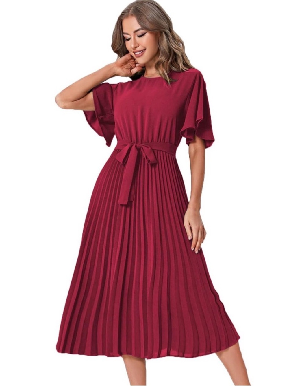 Pleated Midi Dress with Tie Waist, M
